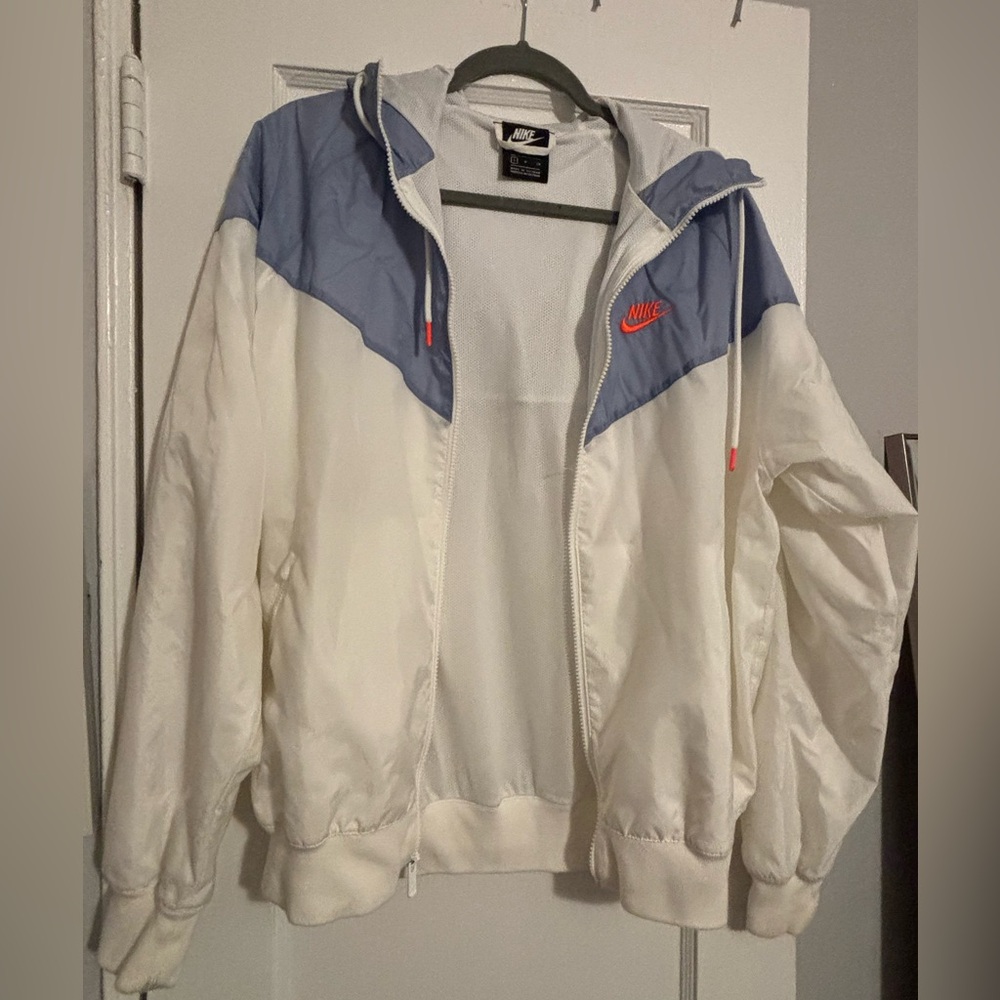 Nike White and Light Blue Hooded Windbreaker with Orange Swoosh